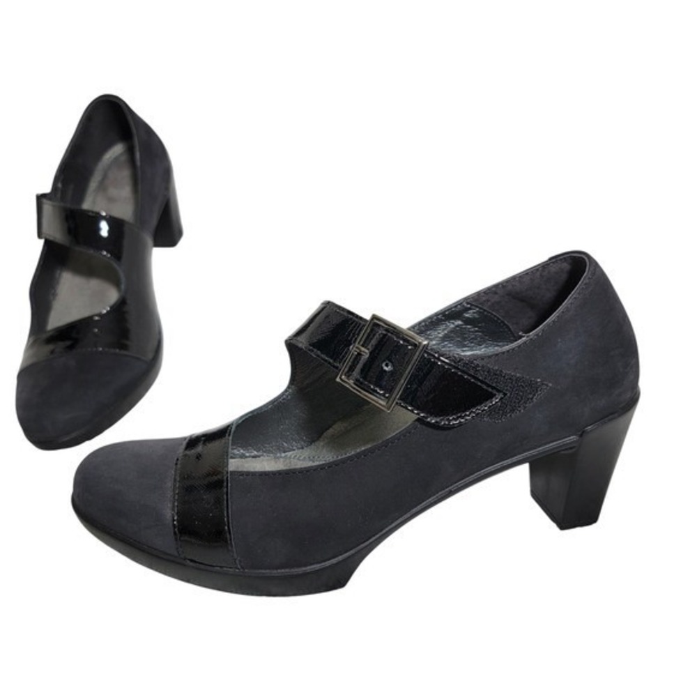 NAOT Brava Black Suede Patent Mary Jane Block Heel Pumps shoes Sz EU 37.5 US 7